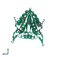 Homo dimeric assembly 1 of PDB entry 5qhj coloured by chemically distinct molecules, side view.