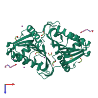 Homo dimeric assembly 1 of PDB entry 5qhj coloured by chemically distinct molecules, top view.