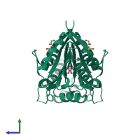 Homo dimeric assembly 1 of PDB entry 5qhs coloured by chemically distinct molecules, side view.