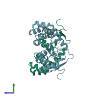 PDB entry 5qnt coloured by chain, side view.