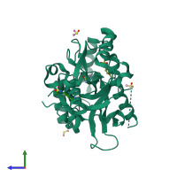 PDB entry 5r50 coloured by chain, side view.