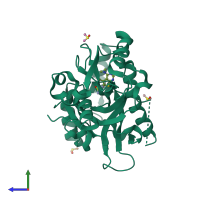 PDB entry 5r5e coloured by chain, side view.