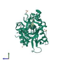 Monomeric assembly 1 of PDB entry 5r5o coloured by chemically distinct molecules, side view.