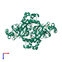 Homo dimeric assembly 1 of PDB entry 5r7y coloured by chemically distinct molecules, top view.