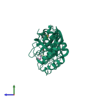 PDB entry 5rew coloured by chain, side view.