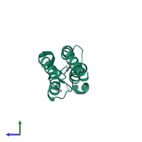 Monomeric assembly 1 of PDB entry 5rkd coloured by chemically distinct molecules, side view.