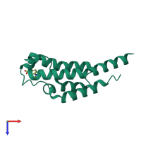 Monomeric assembly 1 of PDB entry 5rkd coloured by chemically distinct molecules, top view.