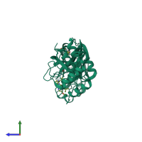 PDB entry 5rl1 coloured by chain, side view.