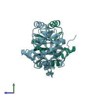 PDB entry 5rt5 coloured by chain, side view.