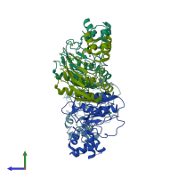 PDB entry 5th6 coloured by chain, side view.