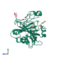 Monomeric assembly 1 of PDB entry 5thn coloured by chemically distinct molecules, side view.