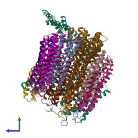 PDB entry 5tj5 coloured by chain, side view.