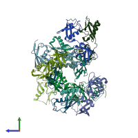 PDB entry 5tla coloured by chain, side view.