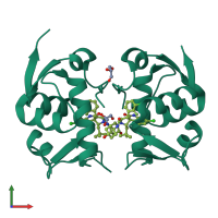 Homo dimeric assembly 7 of PDB entry 5trf coloured by chemically distinct molecules, front view.