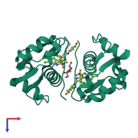 Homo dimeric assembly 7 of PDB entry 5trf coloured by chemically distinct molecules, top view.