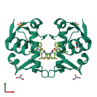 Homo dimeric assembly 8 of PDB entry 5trf coloured by chemically distinct molecules, front view.