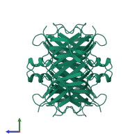 Homo tetrameric assembly 3 of PDB entry 5ttr coloured by chemically distinct molecules, side view.