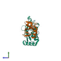 PDB entry 5tut coloured by chain, side view.