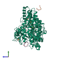 PDB entry 5twm coloured by chain, side view.