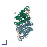 PDB entry 5ua1 coloured by chain, side view.