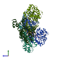 PDB entry 5uat coloured by chain, side view.