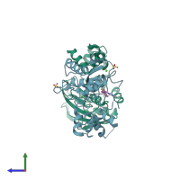 PDB entry 5ue4 coloured by chain, side view.