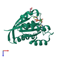 Monomeric assembly 1 of PDB entry 5uhv coloured by chemically distinct molecules, top view.