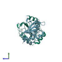 PDB entry 5um7 coloured by chain, side view.