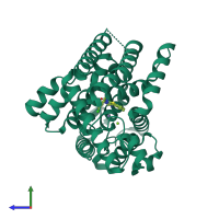 PDB entry 5up0 coloured by chain, side view.