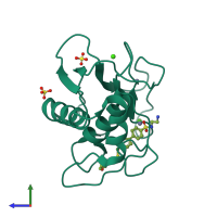 Monomeric assembly 1 of PDB entry 5uwn coloured by chemically distinct molecules, side view.
