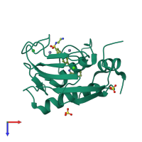 Monomeric assembly 1 of PDB entry 5uwn coloured by chemically distinct molecules, top view.