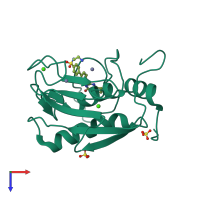 Monomeric assembly 2 of PDB entry 5uwn coloured by chemically distinct molecules, top view.