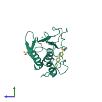 Monomeric assembly 3 of PDB entry 5uwn coloured by chemically distinct molecules, side view.