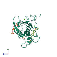 Monomeric assembly 4 of PDB entry 5uwn coloured by chemically distinct molecules, side view.