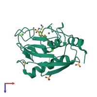 Monomeric assembly 5 of PDB entry 5uwn coloured by chemically distinct molecules, top view.