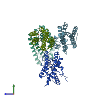 PDB entry 5ux1 coloured by chain, side view.