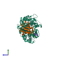 PDB entry 5vak coloured by chain, side view.