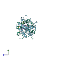 PDB entry 5vbp coloured by chain, side view.