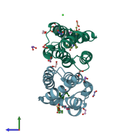 PDB entry 5vbq coloured by chain, side view.