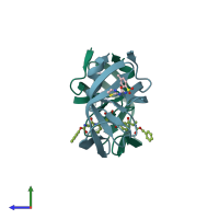 PDB entry 5vck coloured by chain, side view.