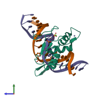 PDB entry 5vmu coloured by chain, side view.