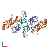 Hetero hexameric assembly 1 of PDB entry 5vnz coloured by chemically distinct molecules, front view.