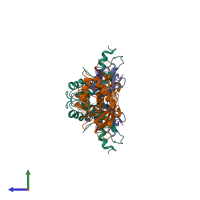 Hetero hexameric assembly 1 of PDB entry 5vnz coloured by chemically distinct molecules, side view.