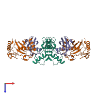 Hetero hexameric assembly 1 of PDB entry 5vnz coloured by chemically distinct molecules, top view.