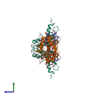 Hetero hexameric assembly 2 of PDB entry 5vnz coloured by chemically distinct molecules, side view.
