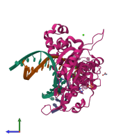 PDB entry 5vrx coloured by chain, side view.