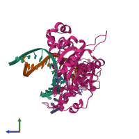 PDB entry 5vrz coloured by chain, side view.