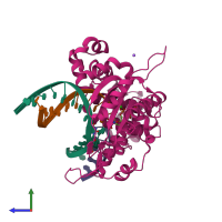 PDB entry 5vs2 coloured by chain, side view.