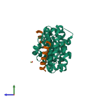 Hetero tetrameric assembly 1 of PDB entry 5vx3 coloured by chemically distinct molecules, side view.