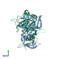 PDB entry 5vy1 coloured by chain, side view.